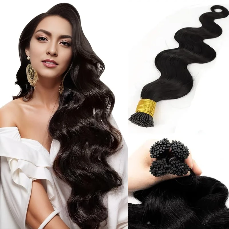 Estensioni dei capelli umani con punta dell'onda del corpo Estensioni dei capelli neri naturali Fusion 100% Remy Hair Stick Tip Estensioni dei capelli umani reali # 1B