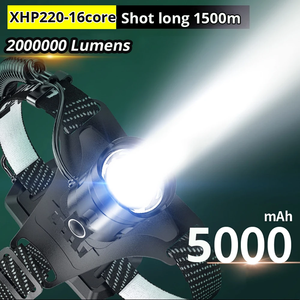 2000000LM XHP360 Đèn LED Sáng Nhất XHP220 Đèn Pha Sử Dụng 18650 Đèn Pin Sạc USB Đầu Đèn Đèn Pin Đèn Lồng Đèn