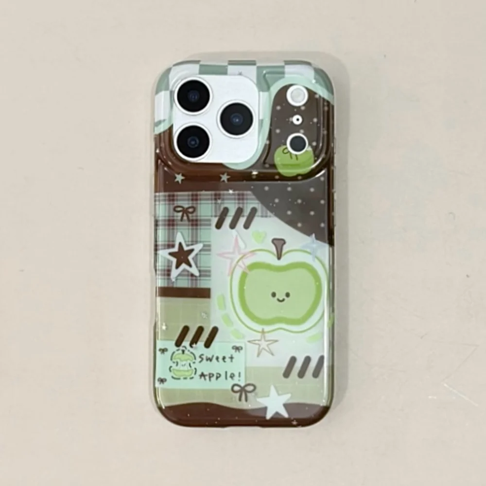 

Cute cartoon green apple plaid phone case, suitable for iPhone 14/15/16/17 Pro Max, Fundans 17Pro new shockproof protective case