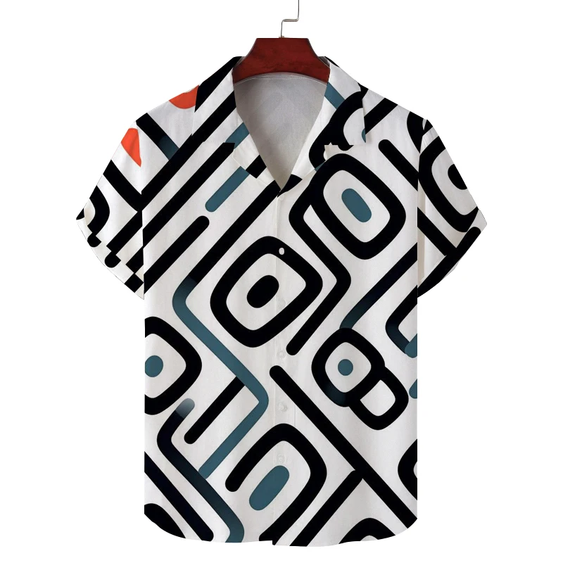 Men's summer Cuban collar short-sleeved shirt with special symbol line print men's shirt comfortable, breathable and versatile