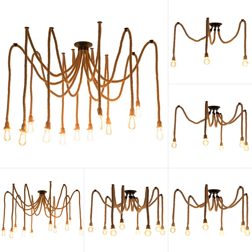 

Multi-Head Hemp Rope Pendant Lights Vintage Retro Spider Chandelier DIY Hanging Lamps Industrial Loft Home Ceiling Chandeliers