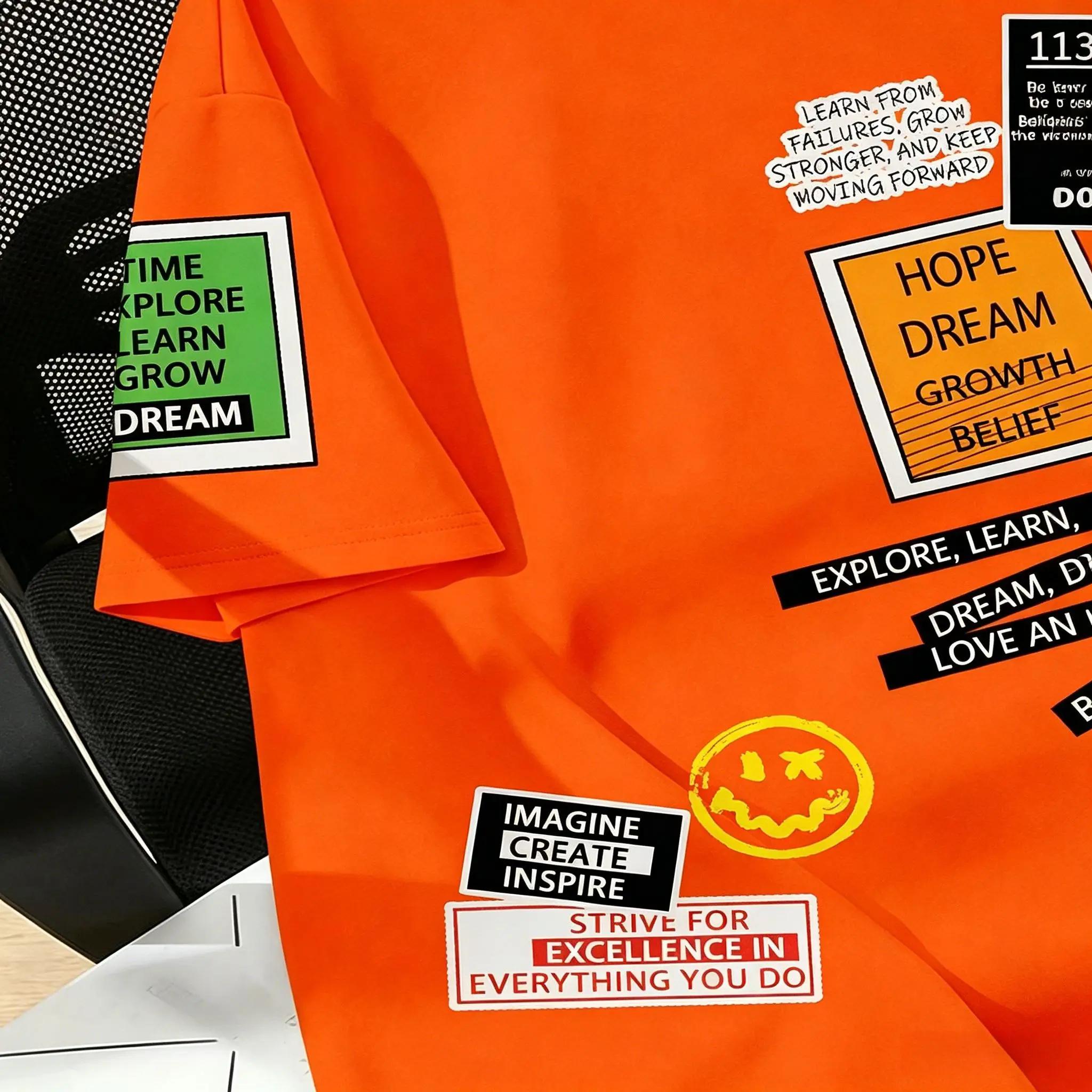 Men's Orange Motivational Quote Patchwork Sticker Graphic T-Shirt, Hope Dream Growth Smile Face Streetwear Short Sleeve Casual T view 3