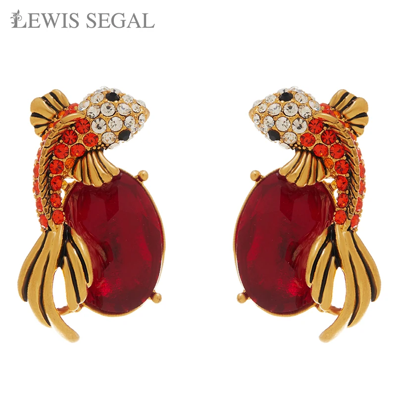 LEWIS SEGAL Vintage Koi Fish Stud Earrings Lucky Carp CZ Crystal Rhinestone 18K Gold Plated for Women Gift