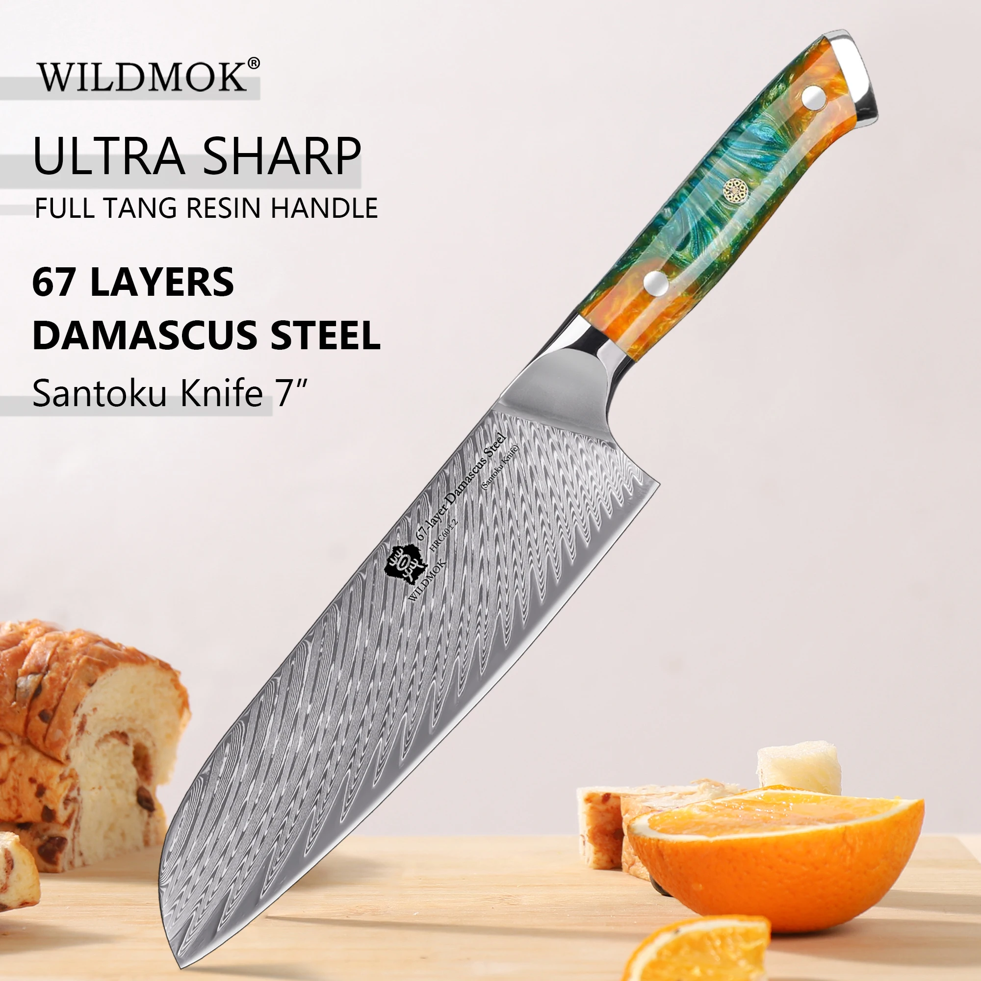 

WILDMOK Santoku Knife, 7" Japanese Damascus Steel Multifunction Kitchen Knives & Resin Handle, Sharp Damascus Kitchen Knife