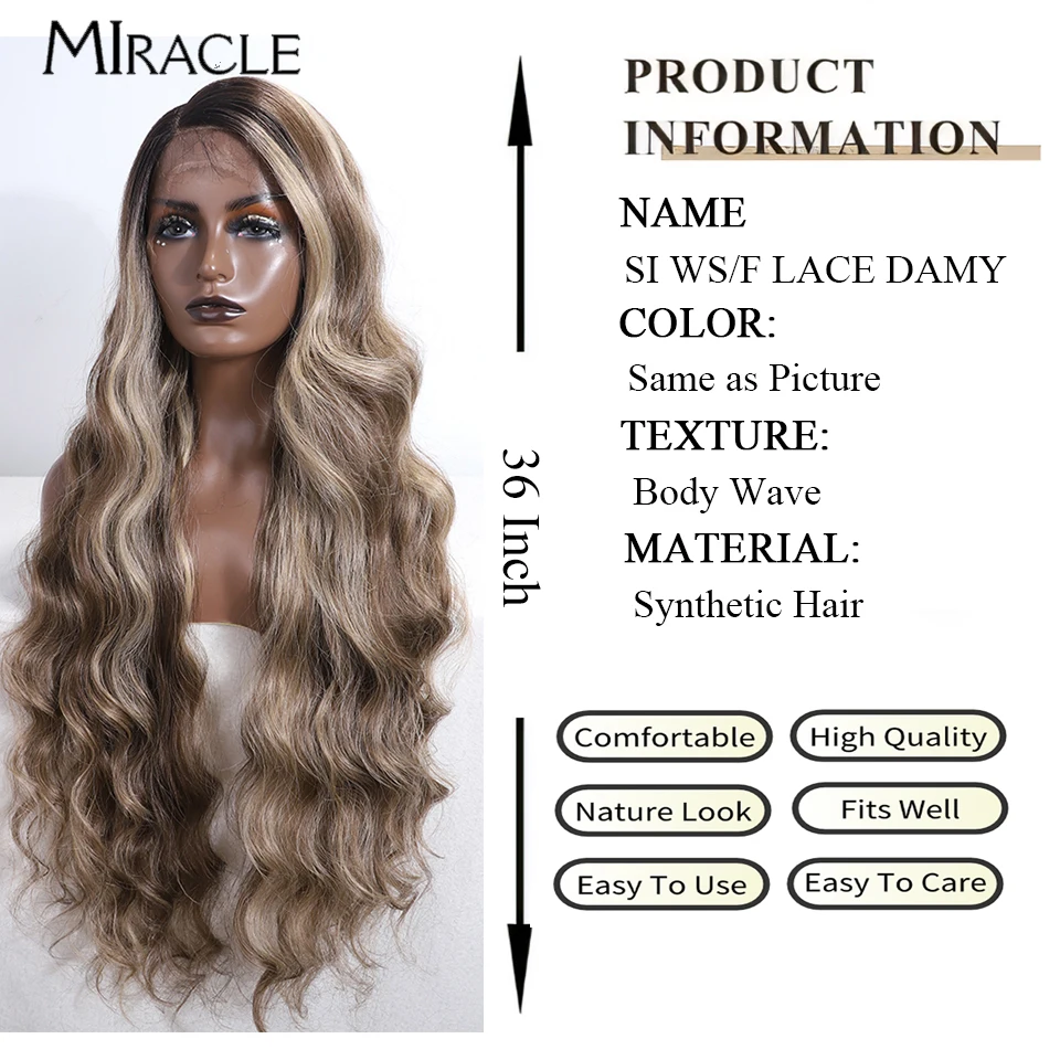 MIRACLE Synthetic 36 Inch Lace Front Wig Cosplay Soft Fiber Lace Wig For Woman Fake Hair Colorful  Heat Resistant Brown