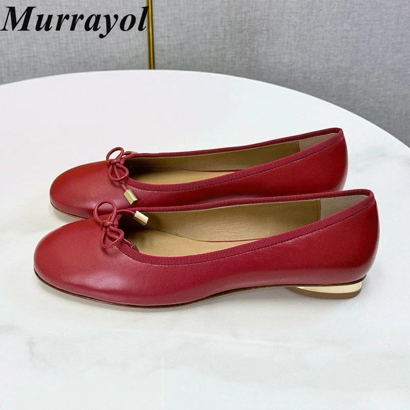 Lazy Loafers Flats Women Genuine Leather Bow-Kont Decor Shallow Mouth Single Shoes Ladies Spring Autumn Office Commuting Shoes