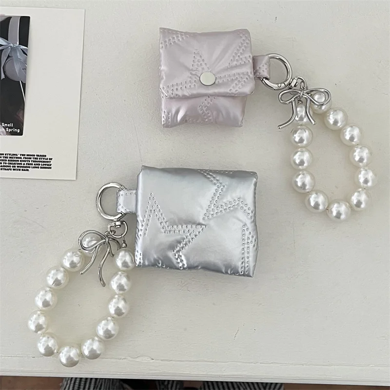 Silver Star Puffer Earphone Bag For Apple Airpods Pro 2 3 4 Cover with Chain Cute Headphone Charging Cases For Airpod 4 3 Case