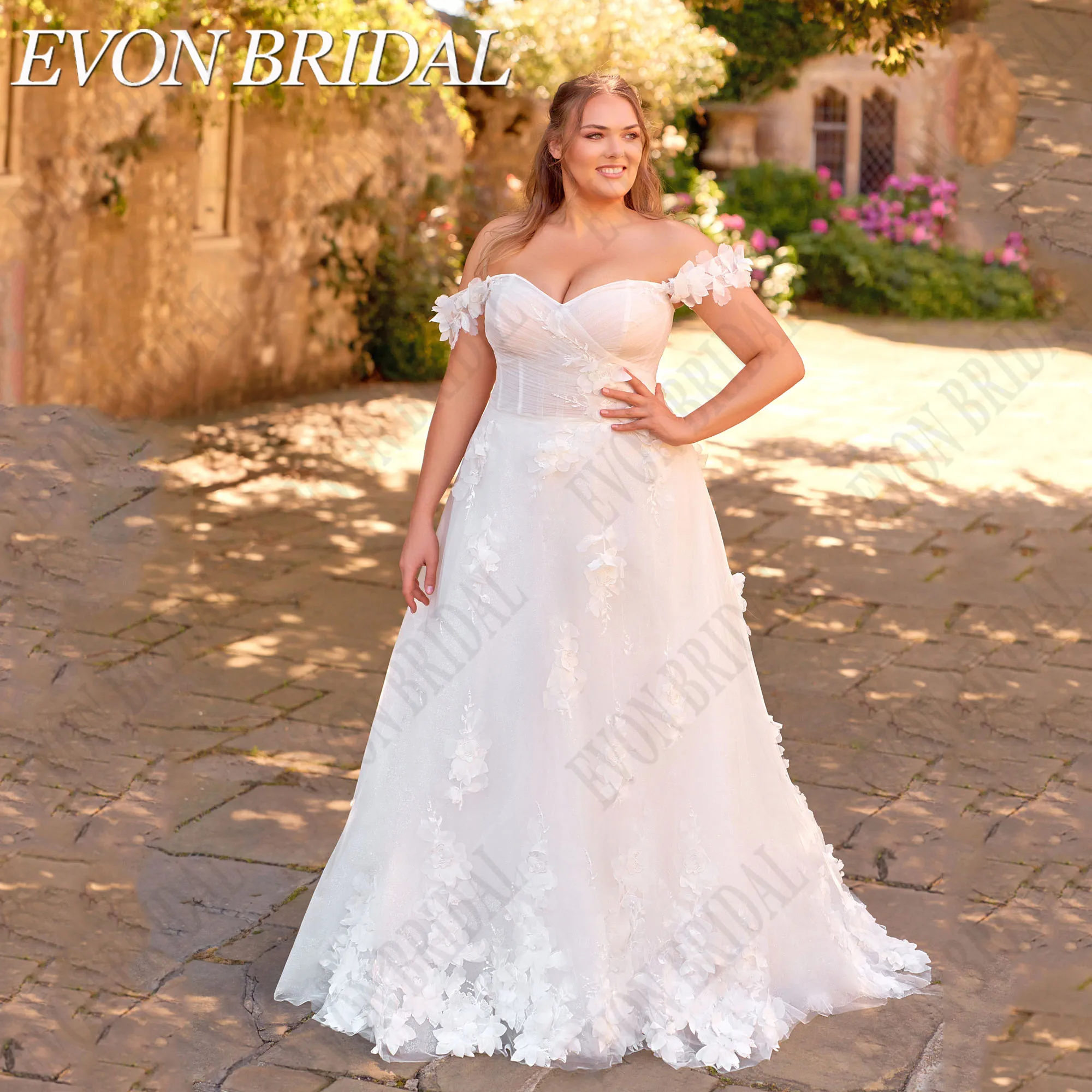 

EVON BRIDAL Plus Size Beach Wedding Dresses Off The Shoulder Flowers Sweetheart Bridal Gowns Luxury Wedding Dress Customized