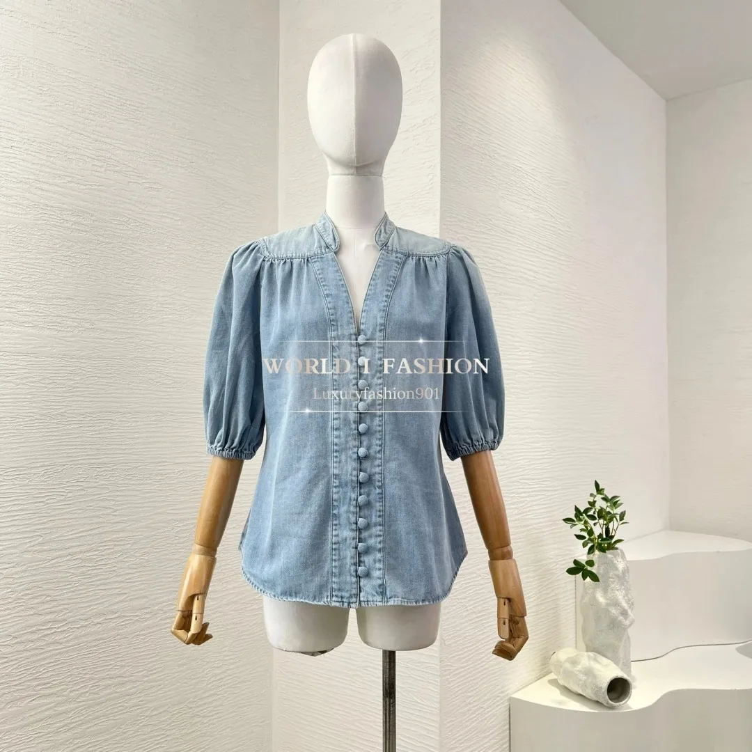 

Half Sleeve 2025 New High Quality Cotton Blue Demin V neck Blouse Tops
