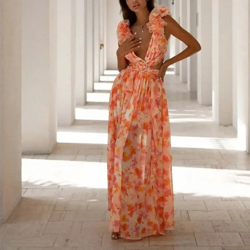 Elegante Gebloemde Schouder Diepe V-Hals Lange Jurk Temperament Taille Ruffle Feestjurk Vrouwen Sexy Stropdas Backless High Street Jurk - afbeelding 2