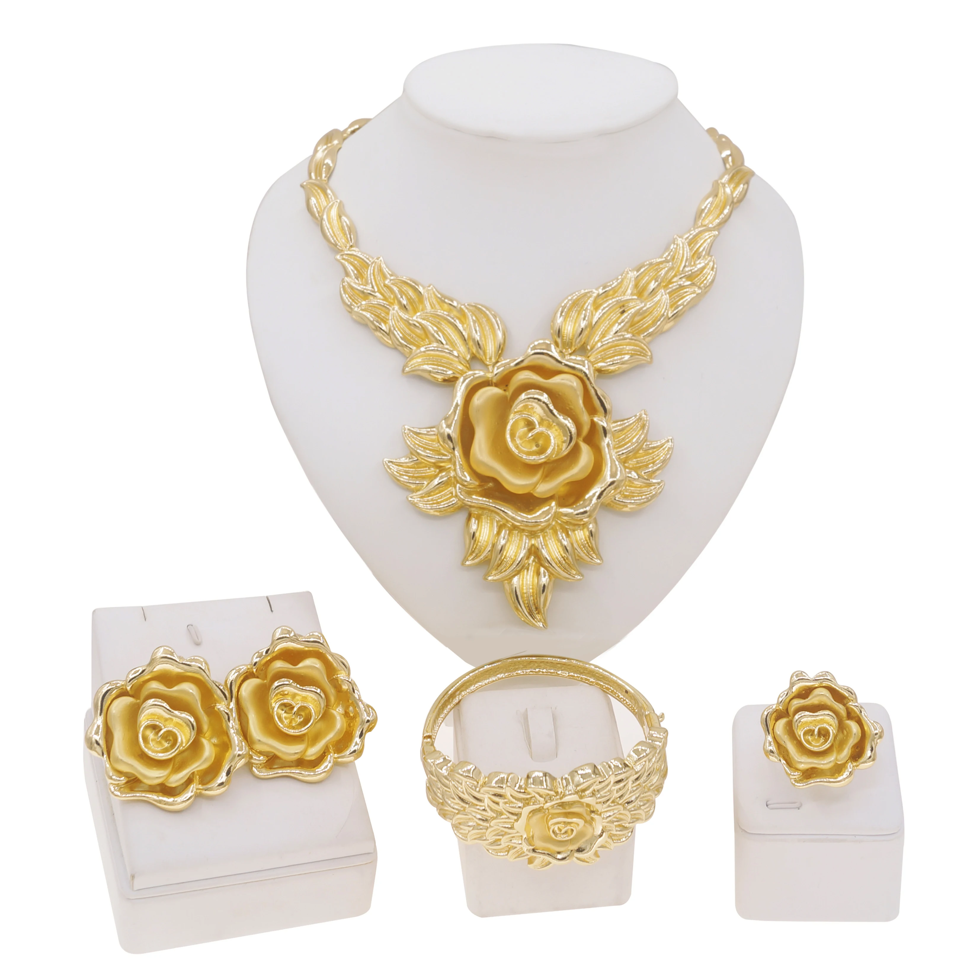 Women Jewelry Set Italian Gold Plated Rose Flower Pendant Wings Necklace Banquet Party Earrings Ring Bracelet Gift