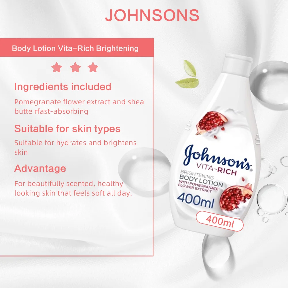 Johnsons Vita-Rich Bright Body Lotion Pomgrnt - 400 ml, pomegranate flower, shea butter, hydrates and brightens skin