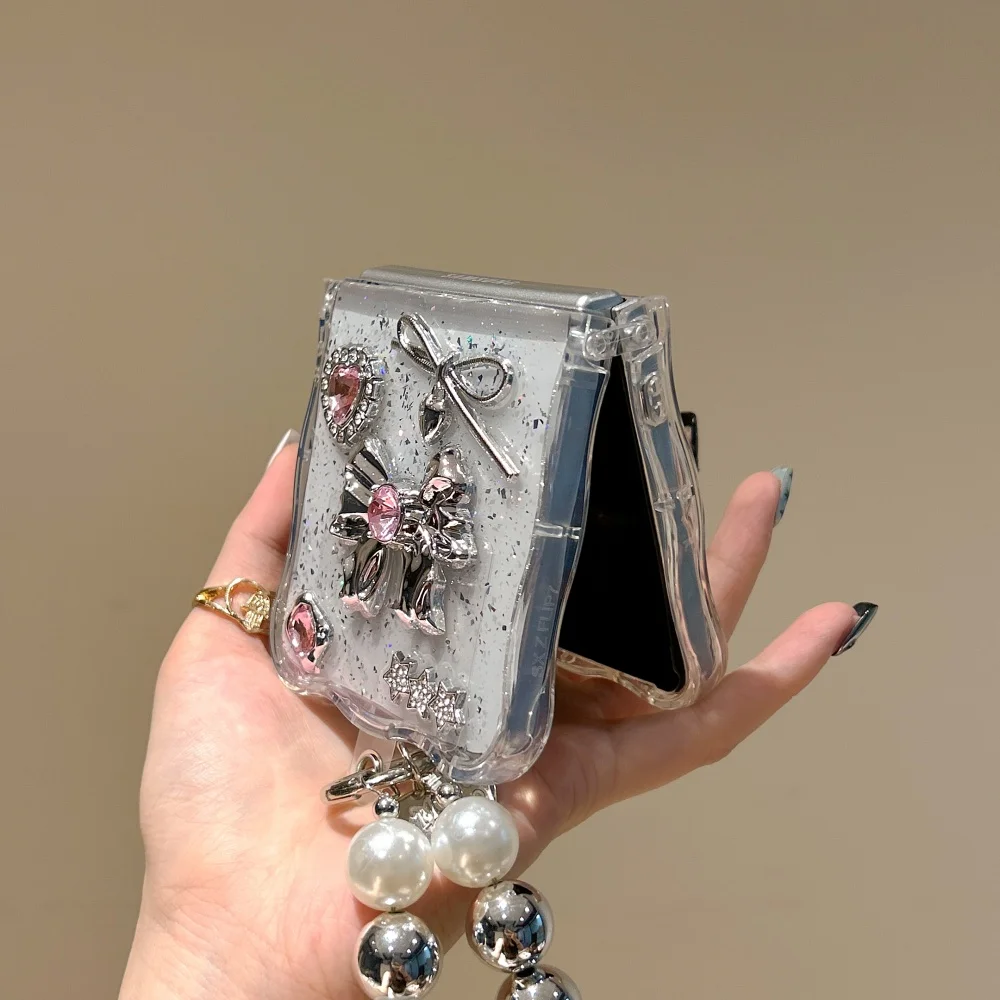 Lichte luxe roze diamanten strik telefoonhoesje, geschikt voor Samsung Z Flip3 4/5/6/7 Pro Max, Korea INS nieuwe schokbestendige beschermhoes