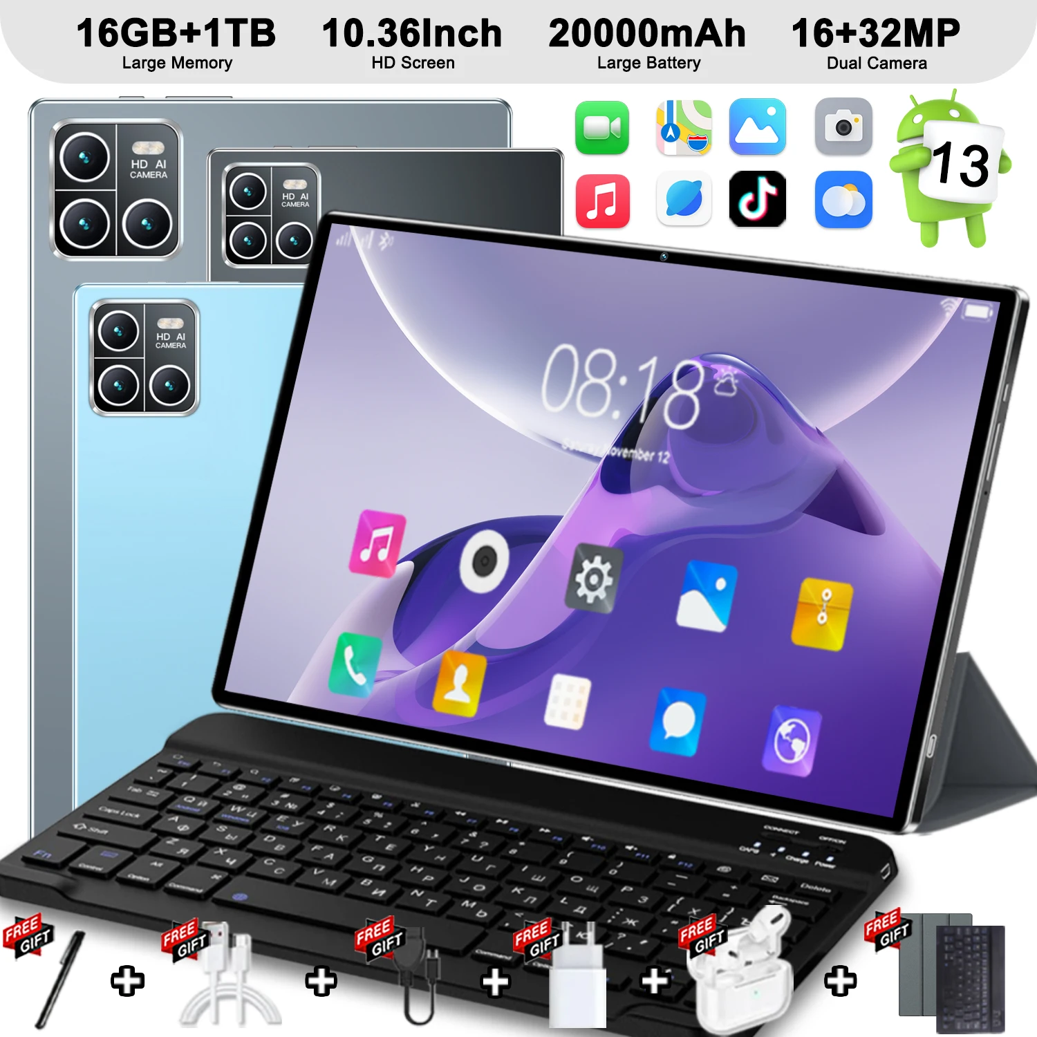 Tablet delgada y ligera, versión original, equipada con chip Sno 8gen2 core y sistema estable Android 13, 16 GB de memoria RAM amplia más 1024 GB de disco duro de alta velocidad, batería de larga duración, función de bloqueo de tarjeta SIM dual 5G y WiFi.