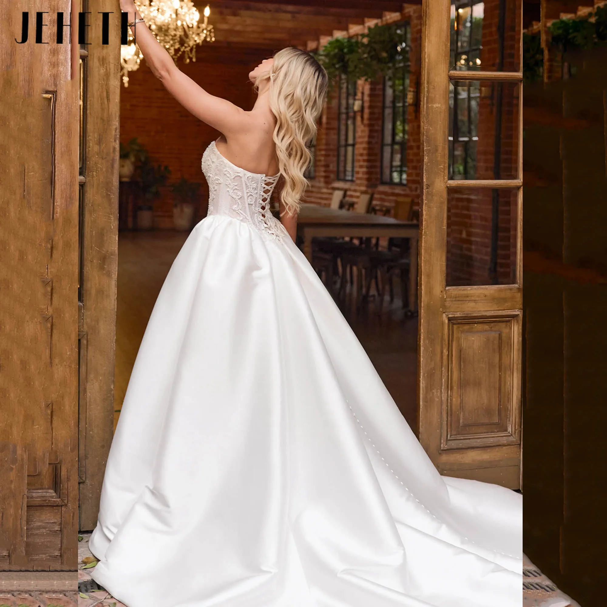 فساتين زفاف JEHETH على شكل حرف a من الساتان بدون حمالات مزينة باللؤلؤ زي العرائس بدون أكمام الأميرة فيستدوس دي نوفيا مخصصة