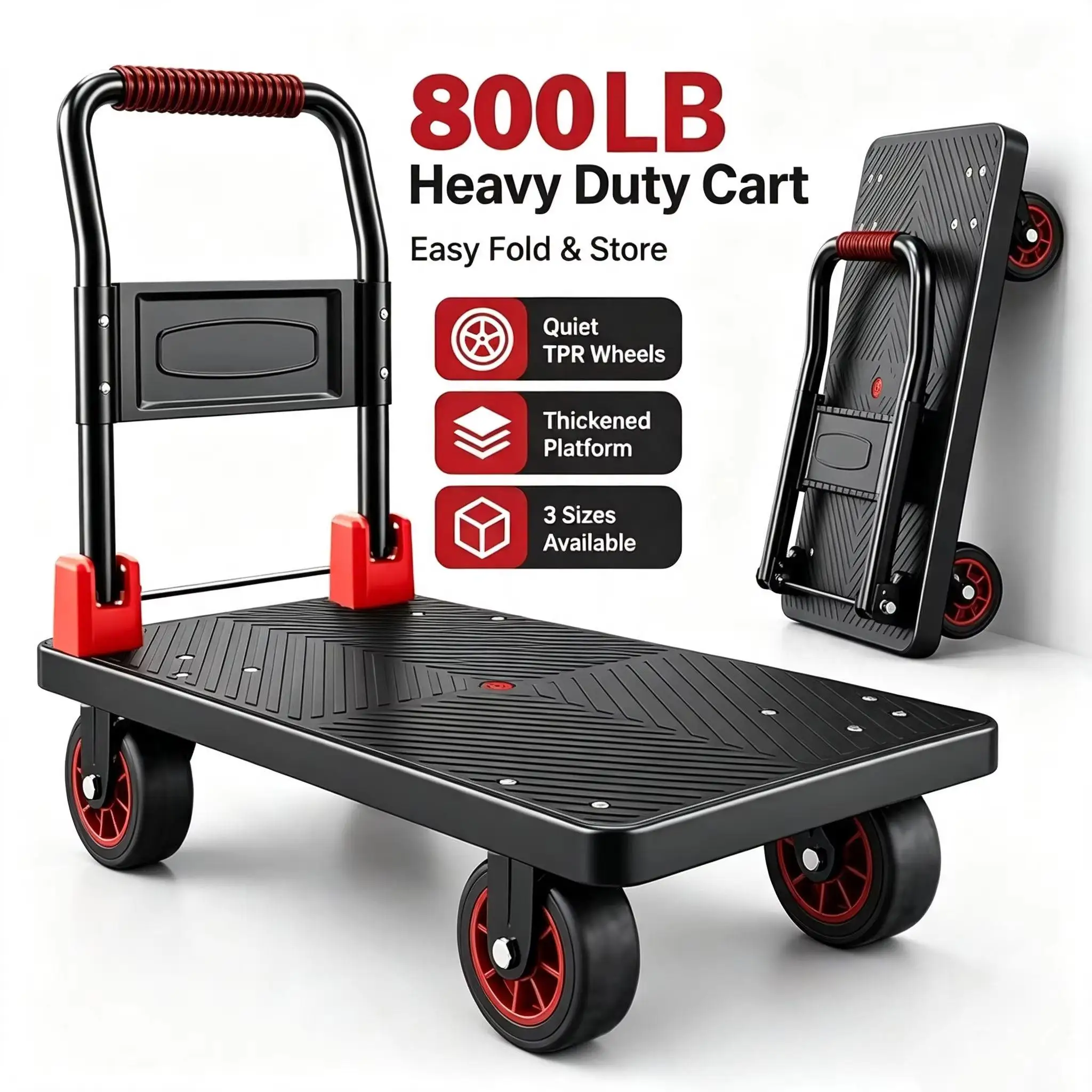 Portable Foldable Flat Dolly Cart, Heavy Load Hand Truck with Swivel Silent Wheels, Multi‑Purpose Moving Trolley for Household Warehouse Storage Garage Transport