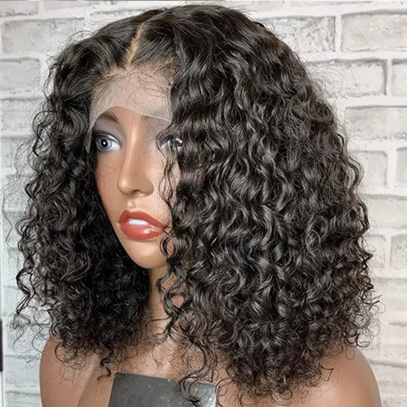 

Brazilian Deep Wave Bob Wig 13x4 Lace Bob Wig Human Hair Natural Hairline Remy Short Curly Closure Wig Preplucked Baby Hair #1B