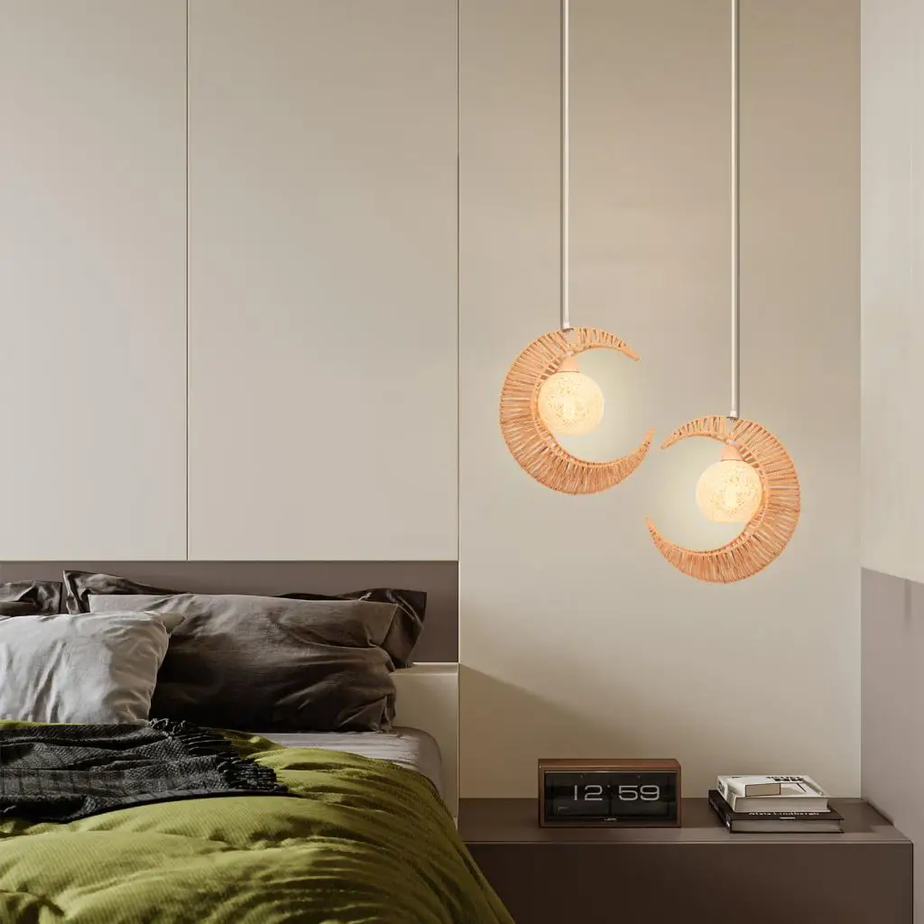 Retro Gelb Rattan Hanf Seil Mond Anhänger Licht Wohnzimmer Schlafzimmer Restaurant Bar Handgemachte Droplight Wohnkultur Lampe ﻿
