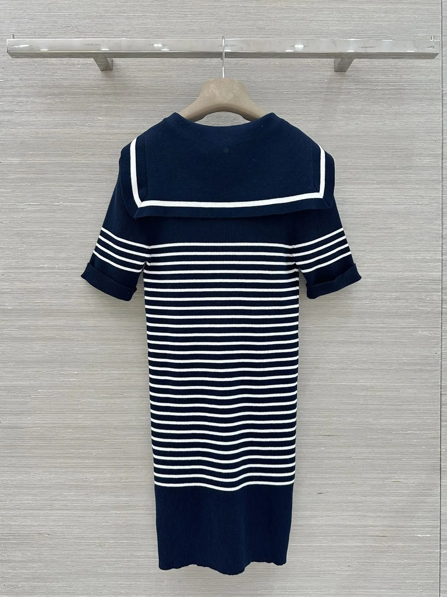 

2026 Summer Women's Sailor Collar Color Block Stripe Knit Dress Waist-Cinching Slim Fit Preppy Style Bodycon Dress ZX137