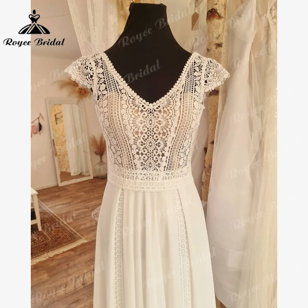 casamento civil Chiffon Lace Cap Sleeve Boho Beach Bohemian Wedding Dress with V Neck 2024 Bridal Gown vestido de novia bohemio