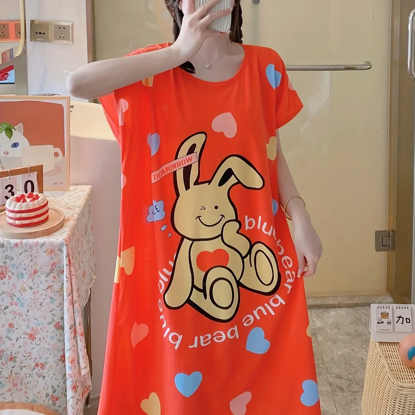 Cute Cartoon Slogan Printed Pajamas Short Sleeve Nightgown Girls Style Student Dress Plus Size Ladies Summer Knee Length Dresses