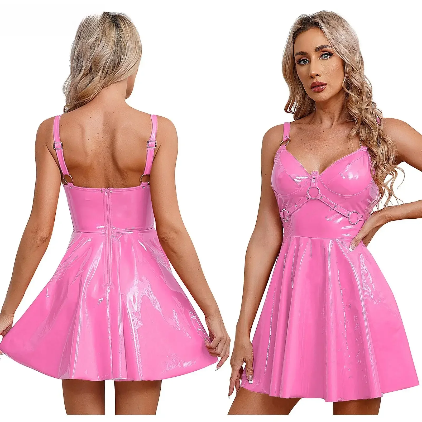 Damska lakierowana sukienka mini typu slip z lateksu, linia A, zamek błyskawiczny z tyłu, stylizowana na skater, z nitami O-ring, efekt mokrego wyglądu, gotycka, punkowa odzież klubowa. — zdjęcie 2
