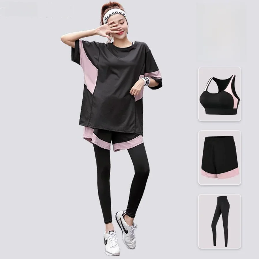 Luźna koszulka + biustonosz + szorty + spodnie damskie zestaw do jogi Plus Size Fitness na siłownię strój do biegania oddychający luźny zestaw — zdjęcie 2