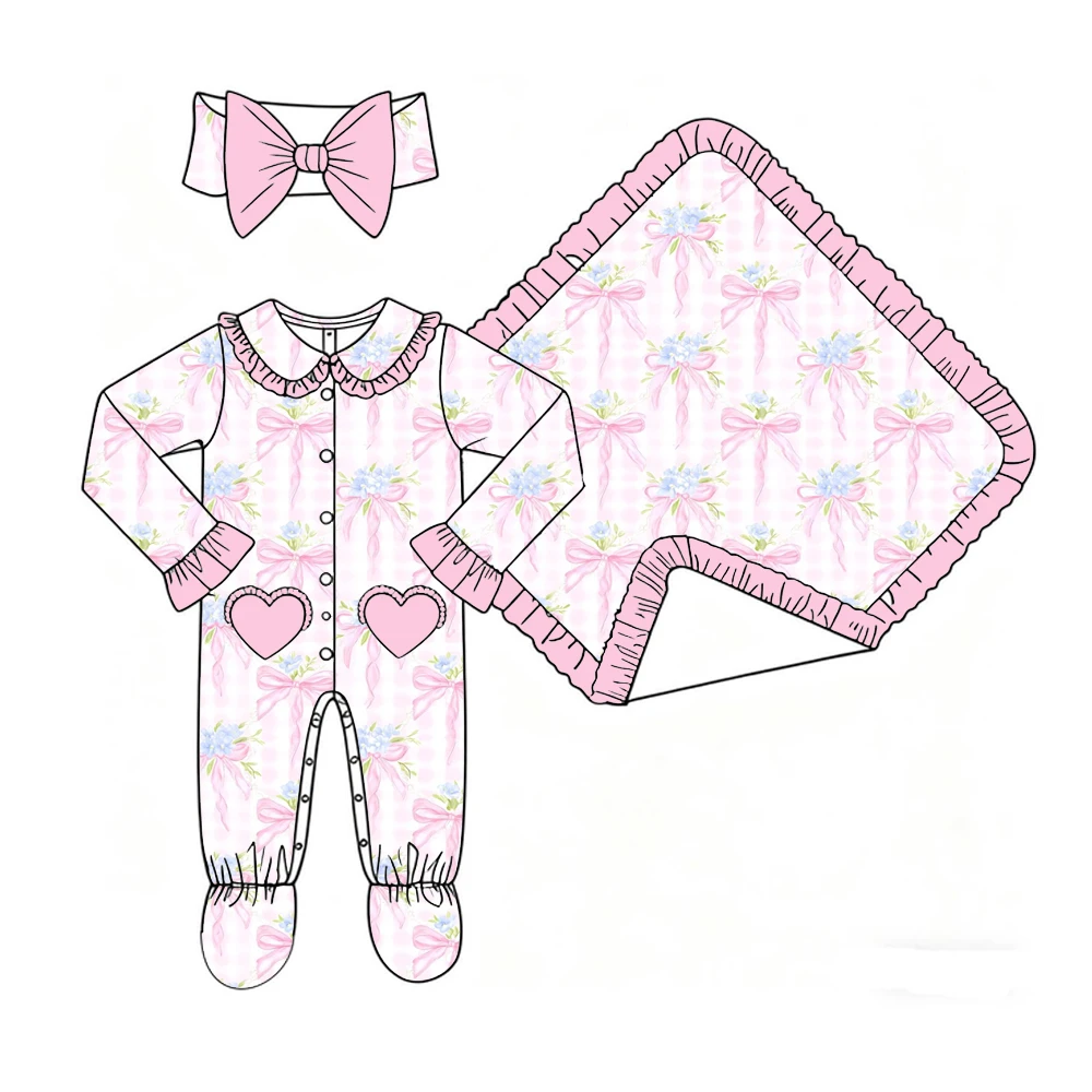 Boutique Children's Clothing Baby Clothing Floral Bow Print Long-Sleeved Lace Jumpsuit Lace Blanket Bow for Girls 3-Piece Set