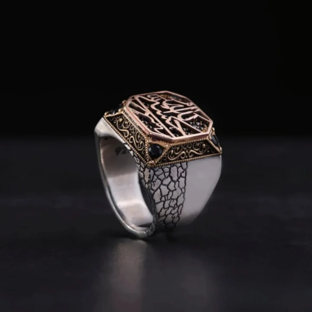 Handcrafted Silver Men's Ring with Black Zircon Stones and Customizable Arabic Script - Islamic Jewelry