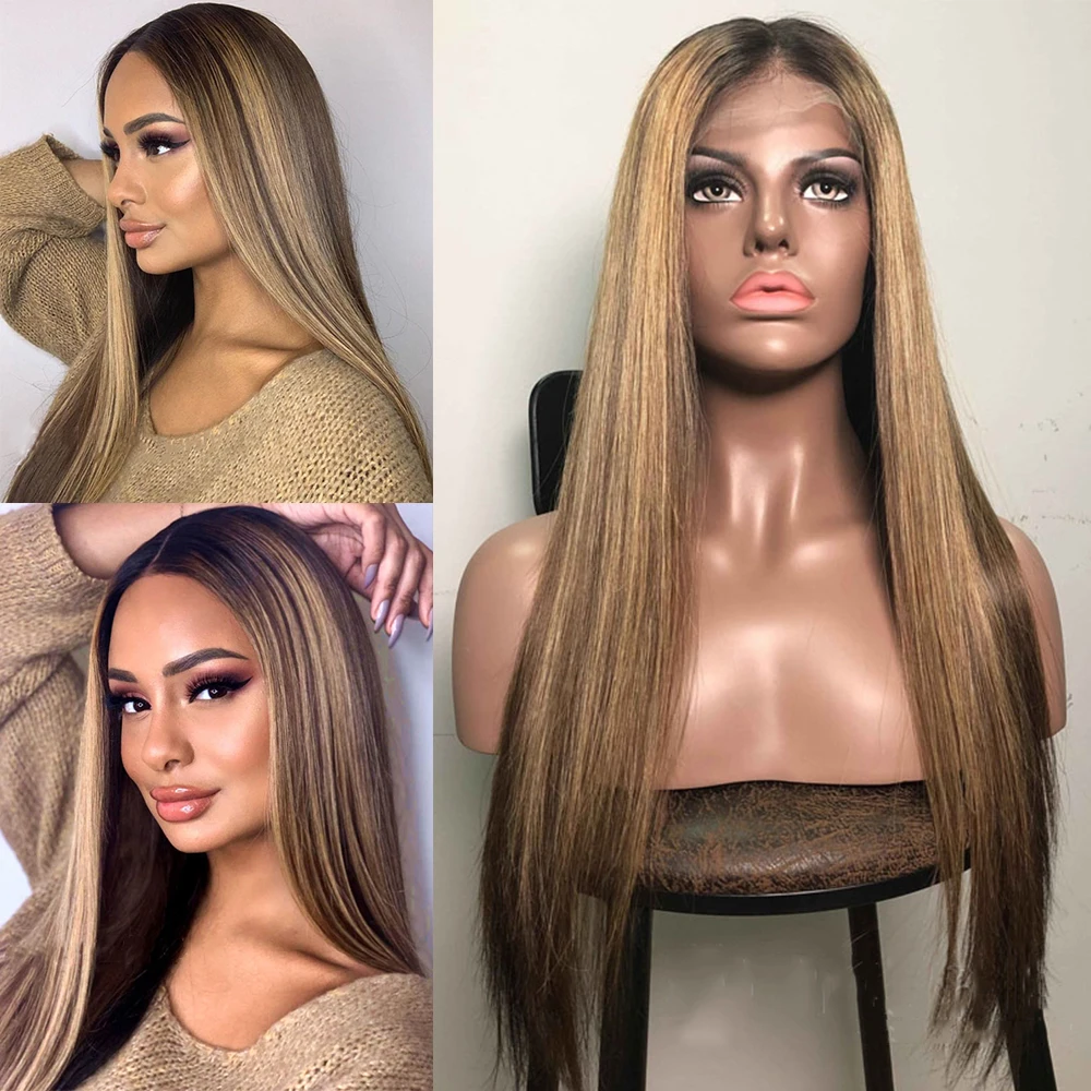 Long Straight Human Hair Wig Brazilian Brown Highlights Honey Blonde Full Lace Wigs 13x6 Glueless Swiss Lace Front Wig HD Lace