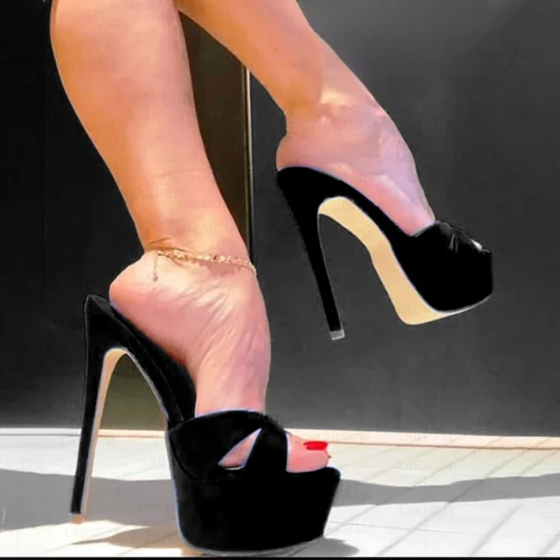 BERZIMER Vrouwen Platform Pompen Open Teen Faux Suede Muilezels Slides Stiletto Hoge Hakken Sandalen Dame Schoenen Vrouw Grote Maat 41 46 50 52 - afbeelding 2