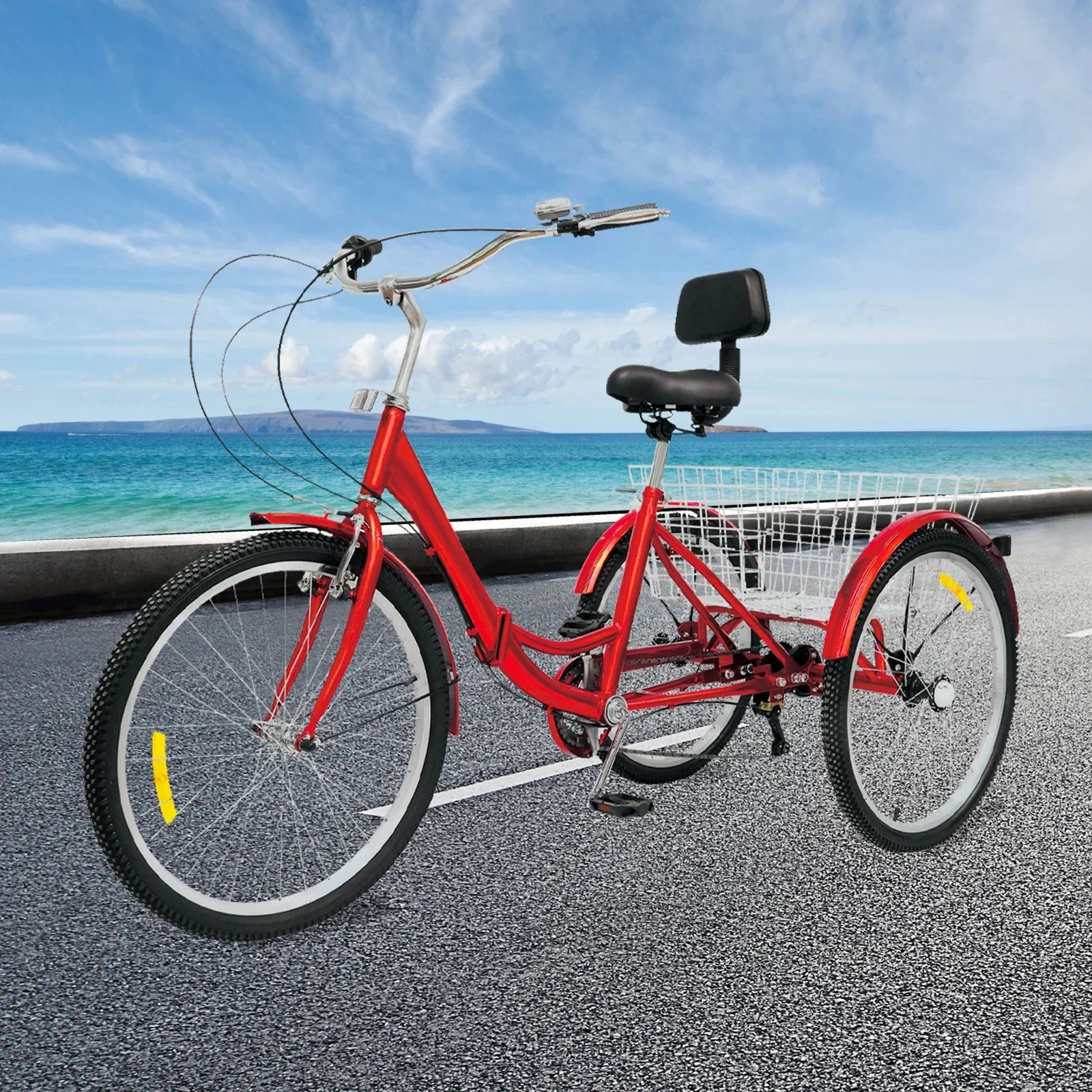 AliExpress Tricycle 24 Inch 7 Gears Adjustable Foldable Bicycle Tricycle Cushion with a Backres for Adults Seniors and Women Red and Blue