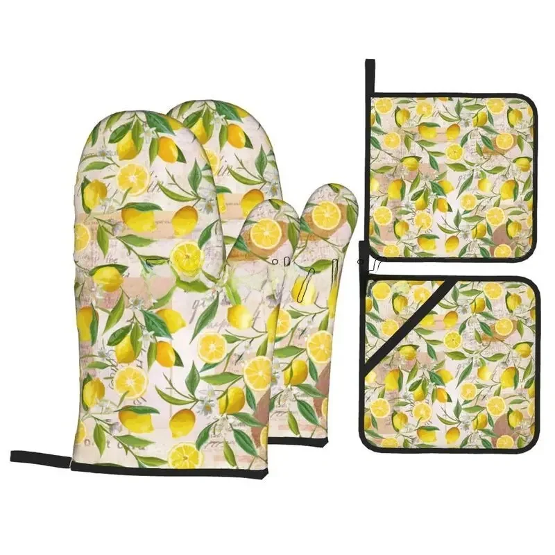 Mitaines de four et poêles au citron jaune, lot de 4 gants résistants à la chaleur pour la cuisine, la cuisson, la grillage, le barbecue