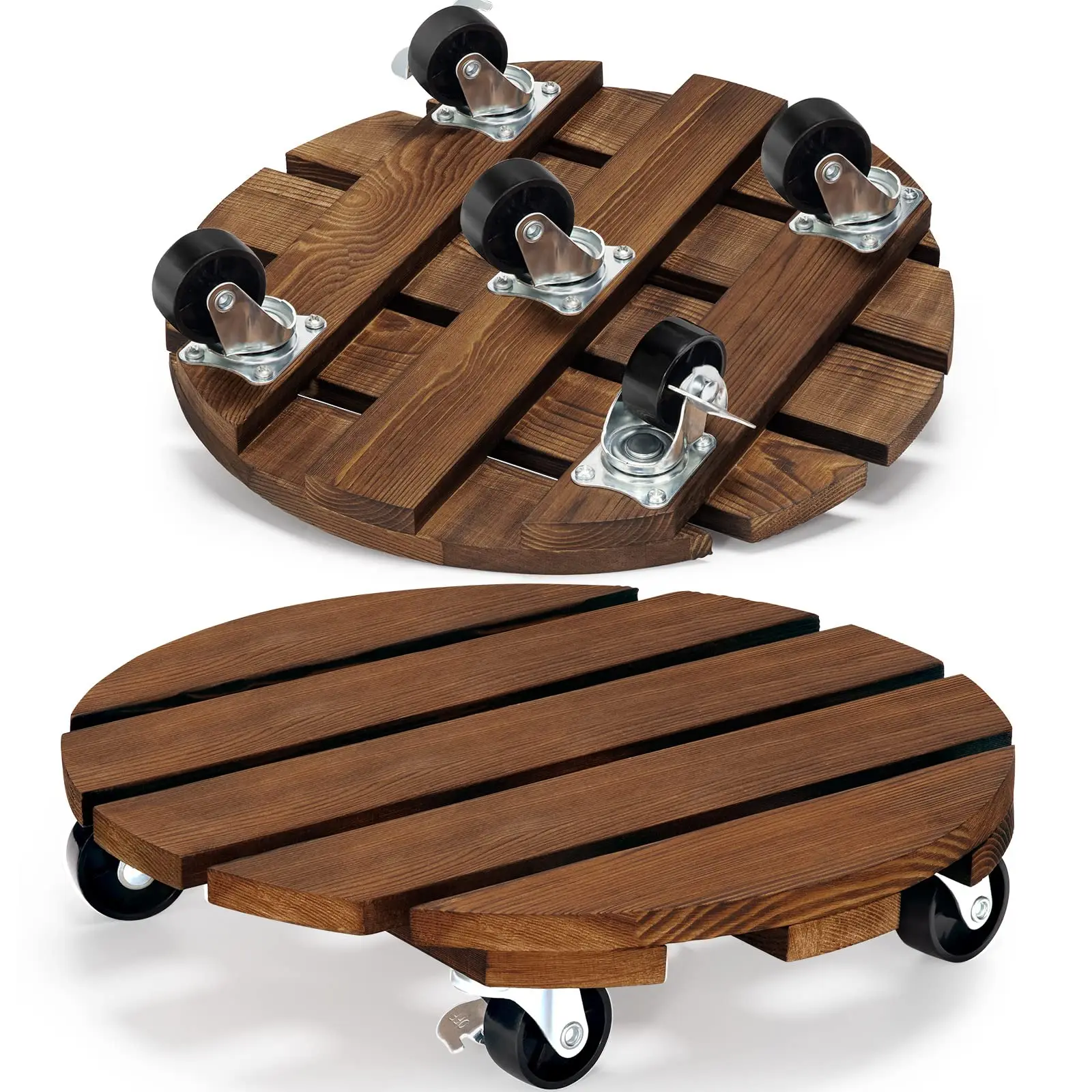 2Pack 12'' Wood Plant Caddy Rolling Plant Stand with 2 Lockable 360° Caster Wheels Indoor Outdoor Patio Flower Pot Succulent Pots Duty