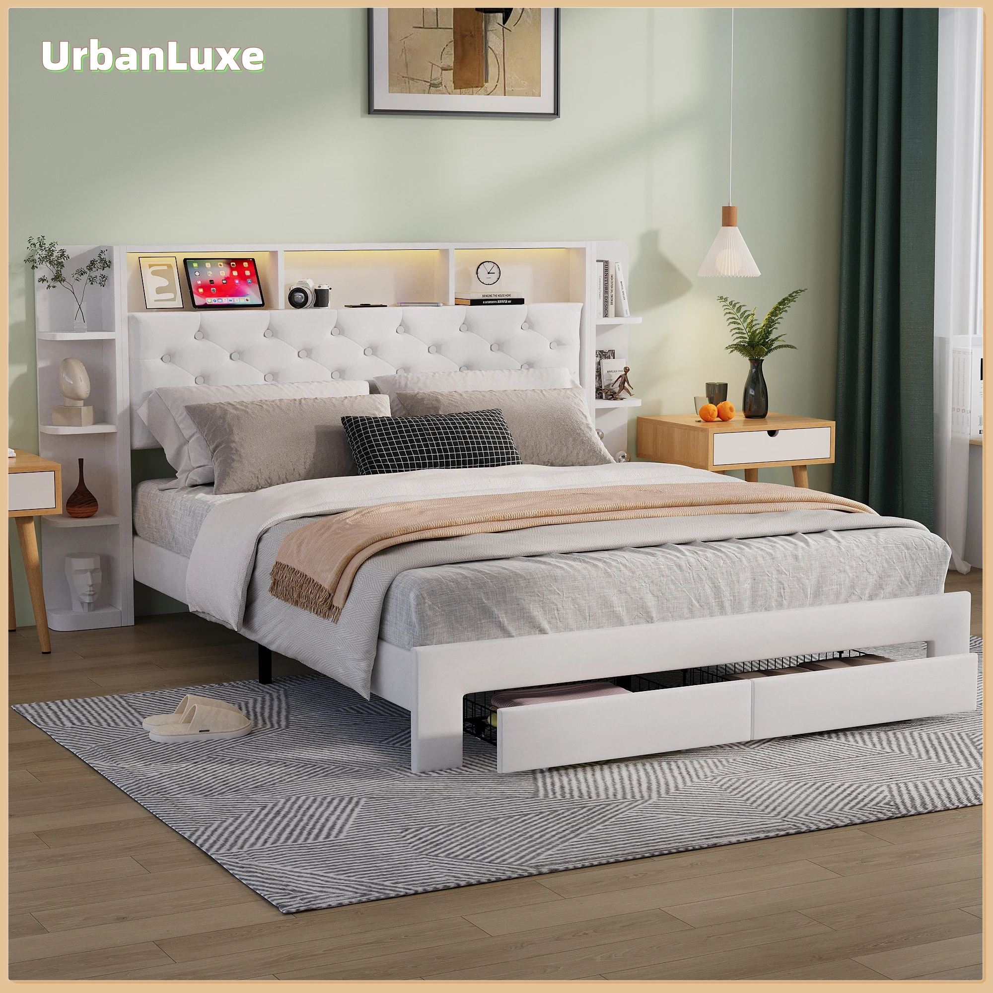 UrbanLuxe Cama doble acolchada 160x200 cm con tira LED y puerto de carga USB, cajones, somier de láminas, Terciopelo Blanco