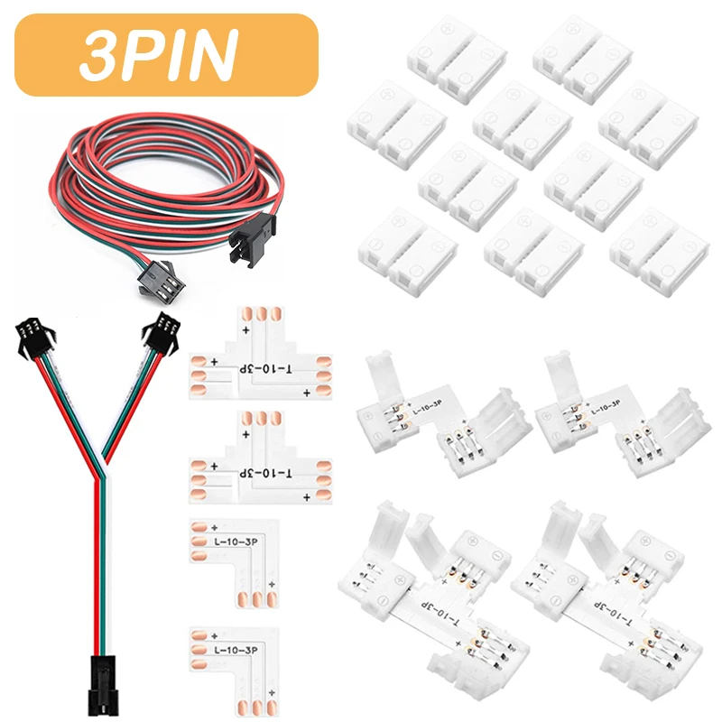 3pin 10mm LED Strip Connector Solderless Led Connector Corner Connector For Ws2811 Ws2812B 6812 1903ic Led Pixels Strips