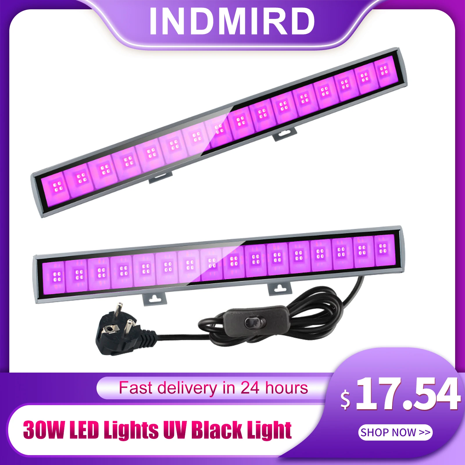 Bande lumineuse LED noire UV, marche/arrêt, alimentation 1.5m, 30W, 64 lumières LED, éclairage de scène, bar, fête de Noël, DJ