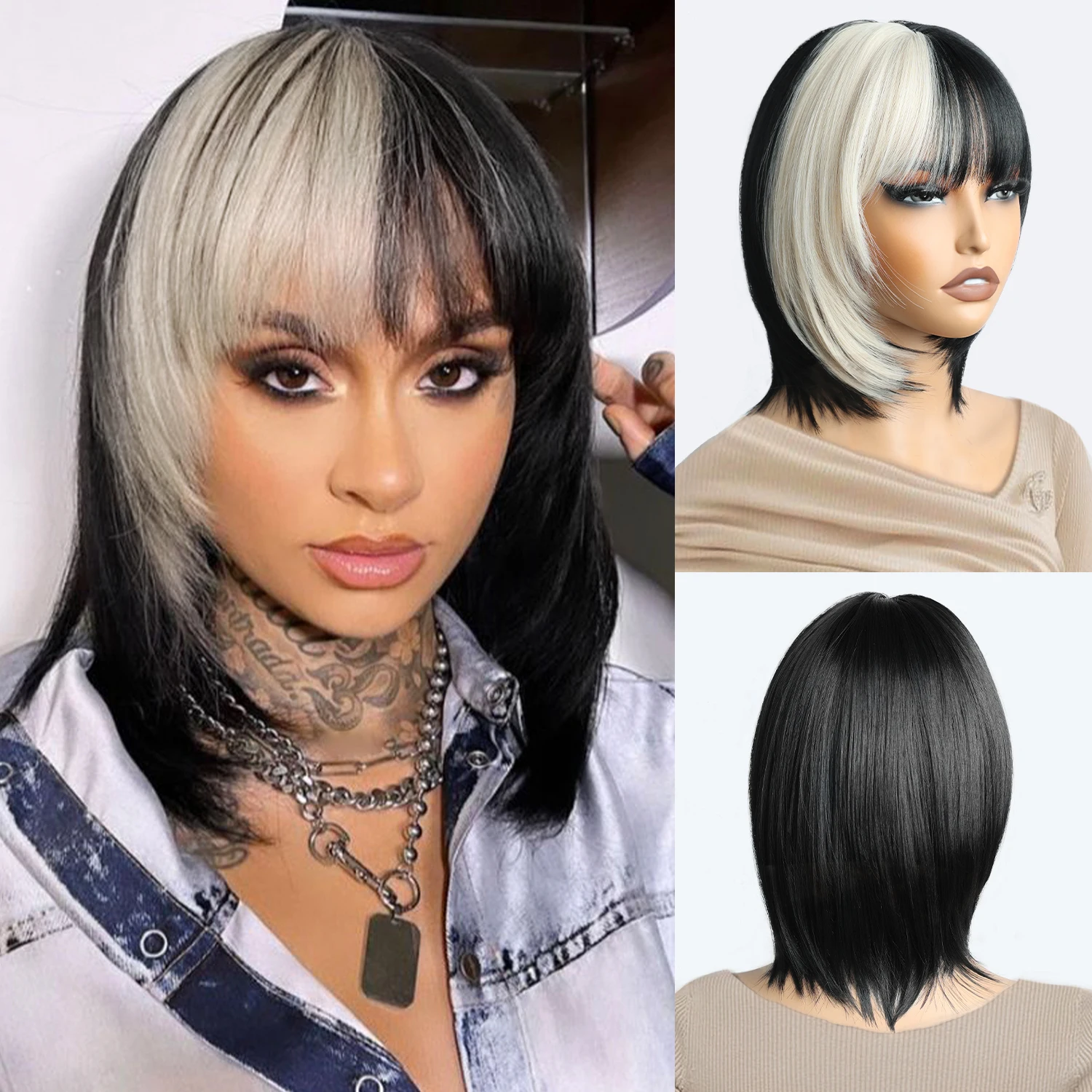 

Black and white mixed bob synthetic wig - with bangs, suitable for women and girls, can be used for holidays, everyday occasions