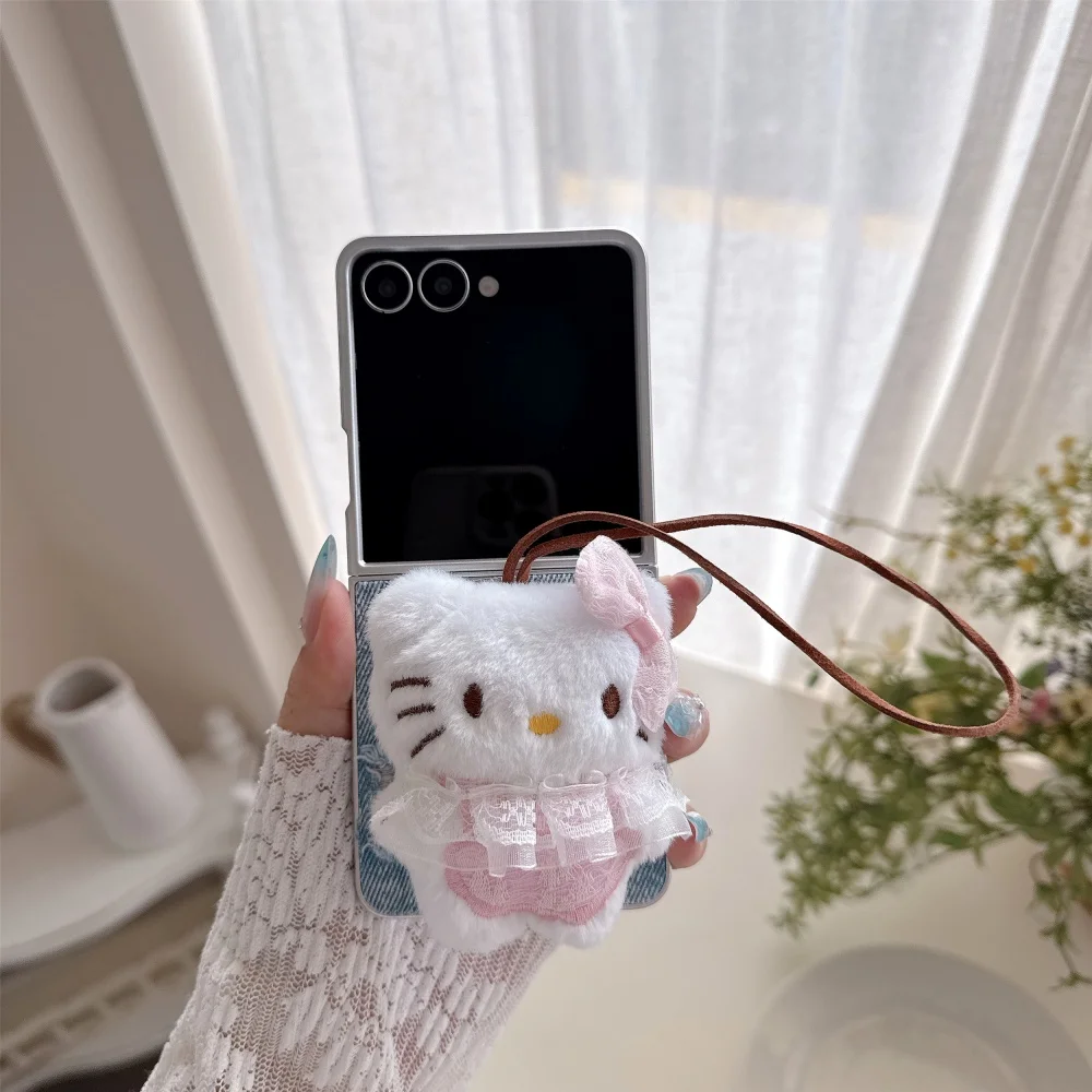 New Korea Ins Denim Texture Phone Case For Samsung Galaxy Z Fold8 Cute 3D HelloKitty Plush Doll Charm Anti-Fall Protective Cover