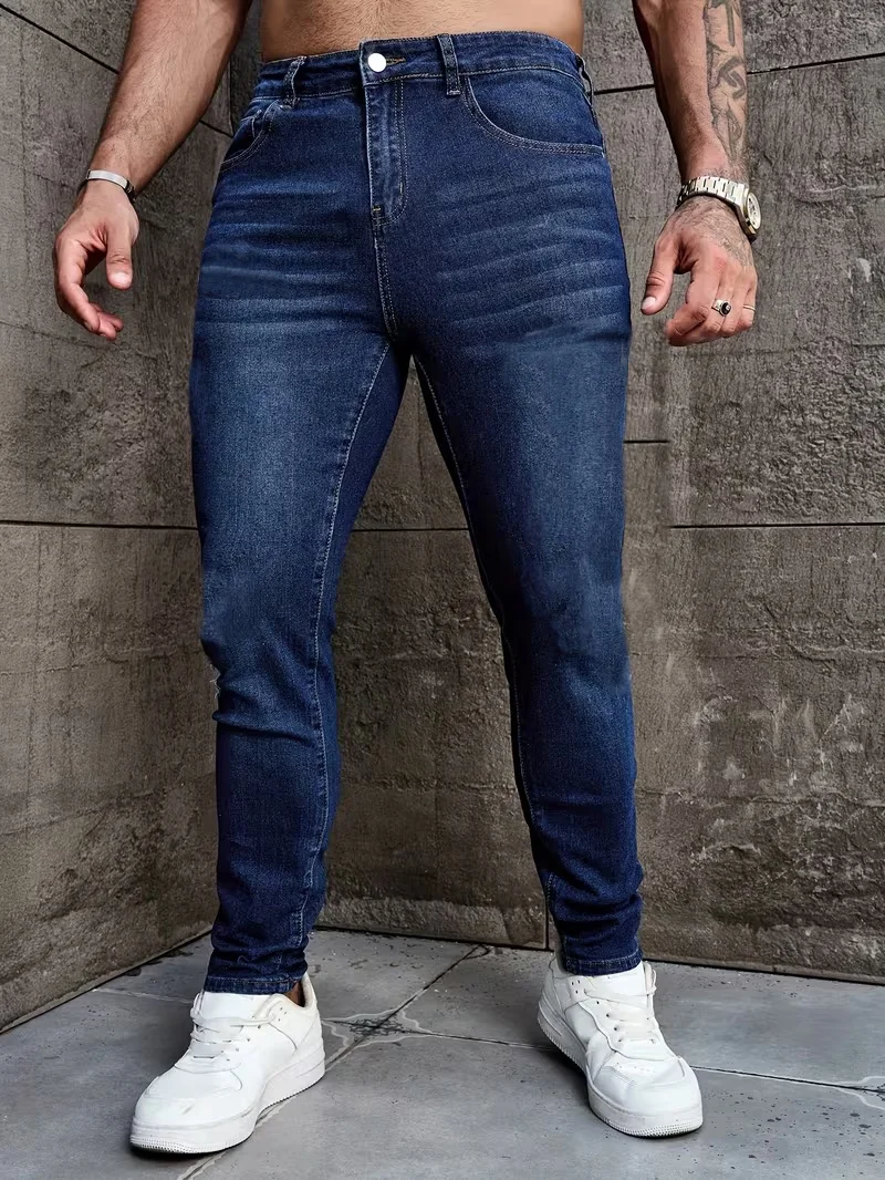 Men's Stretch Jeans - Suitable for All Seasons, Daily Wear and Formal Occasions, Easy to Care for, Classic Blue Wash Finish, Tailored Fit, Versatile Styling, Durable Construction, Dressy Attire, High-quality Fabric, Fashionable Trousers, Casual Wear