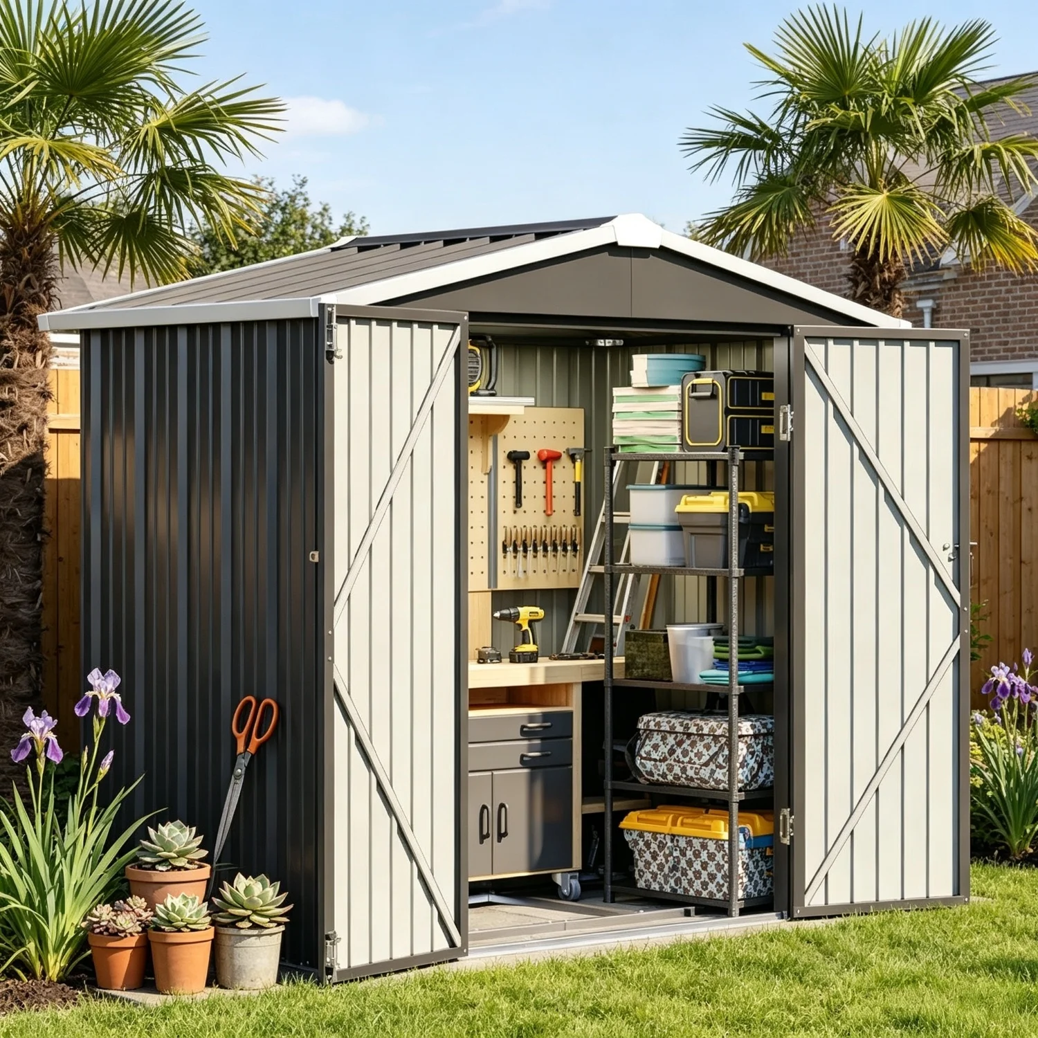 6x4ft Outdoor Storage Shed With Base Black Metal Shed With Lockable Doors And Sloping Roof Garden Tool Shed For Backyard Patio Poolside