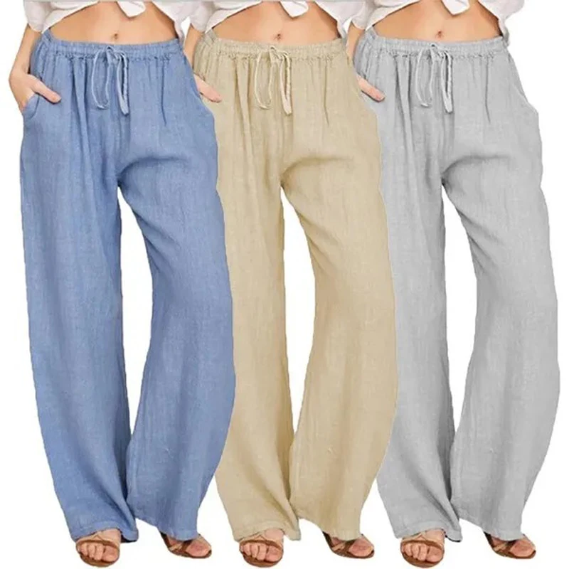 Women Summer Casual Pants High Waist Loose Solid Color Elastic Waist Wide Leg White Pants Trousers Elegant Office Sweatpants