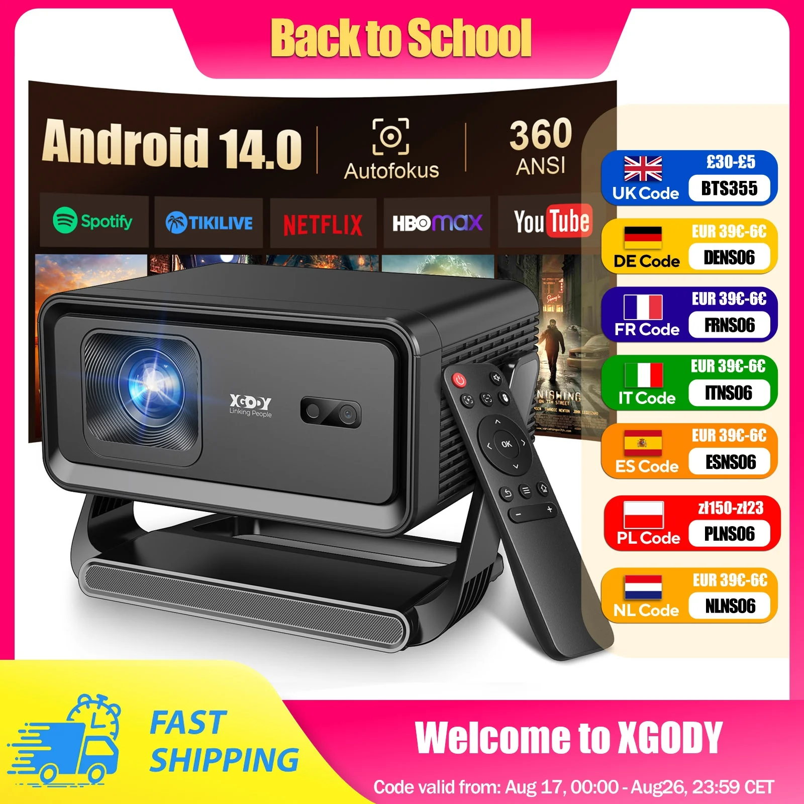 XGODY Autofokus Android14 4K Projektor 360ANSI 8K Native 720P Gimbal A1 mit Wifi6 BT5.4 8G Allwinner H726 tragbar Outdoor