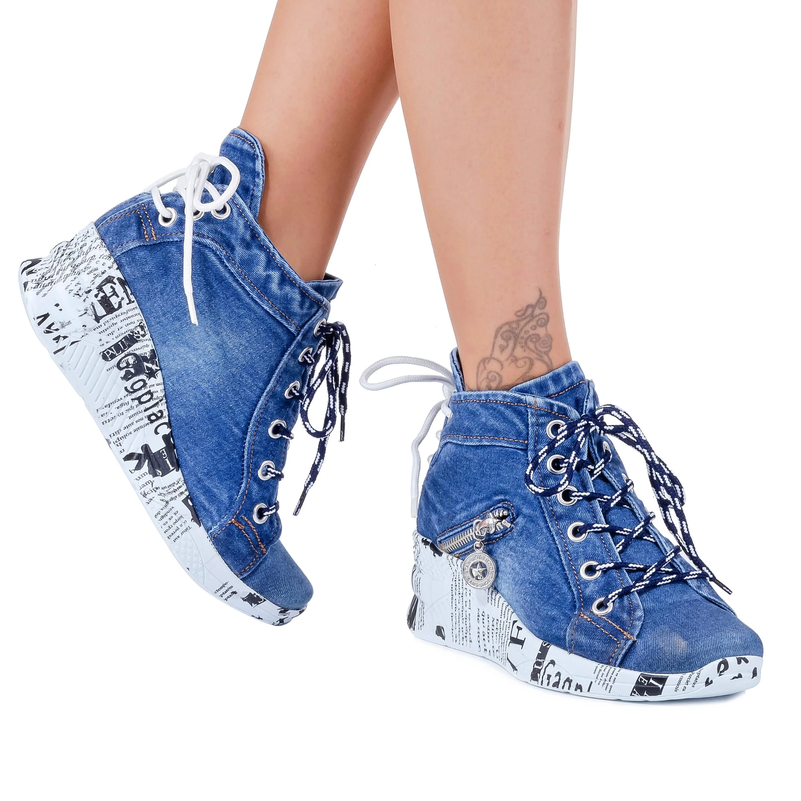 Jeans Shoes Handmade Blue Denim Boot Lace-Up Women's Sneakers Birthday gift for your love