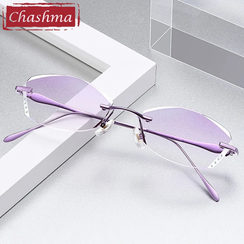 

Chashma Prescription Glasses Fashion Women Elegant Rimless Titanium Eyeglasses Diamond Trim Eyewear for Tint Color Recipe Lenses