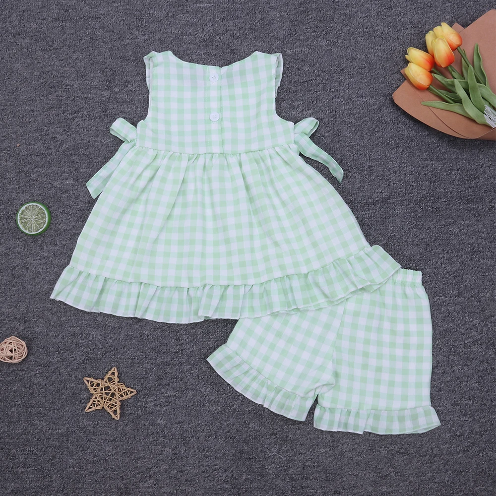 2023 New Girls Flying Sleeves Sunflower Embroidery Round Neck White Stitching Green Plaid Shorts Bowknot Children's Clothes