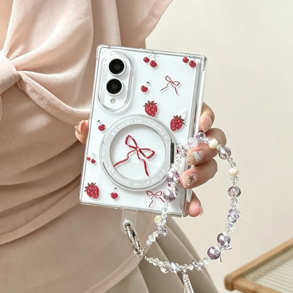 New Ins Sweet Cherry Bow Pattern Phone Case For Samsung Galaxy Z Fold 8 fold 8 Cover With Magsafe Holder Fashion Anti‑Fall Cases