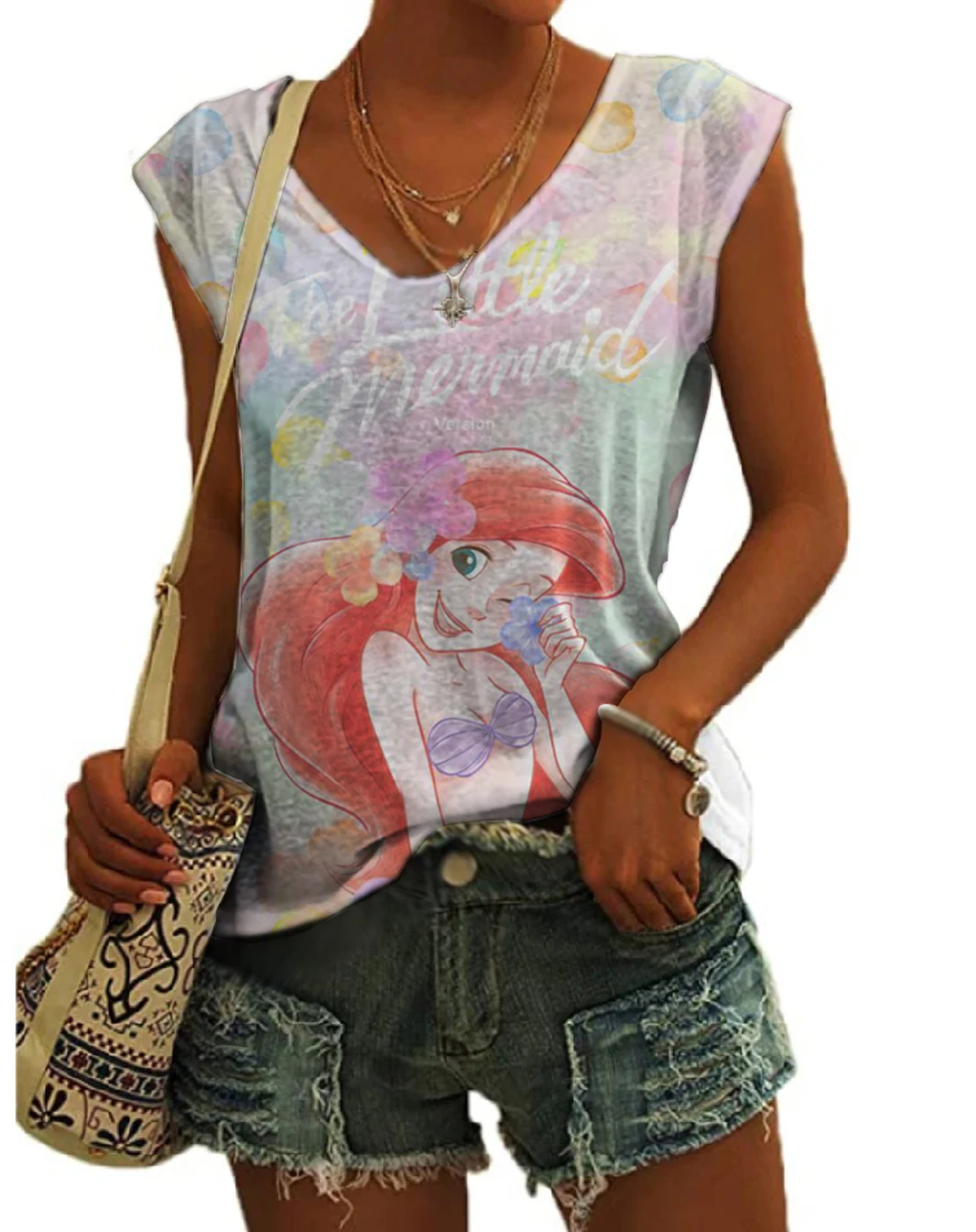 Ariel Zeemeermin Anime Disney Print 2023 Zomer Nieuwe Straat Mouwloos Vest Mode Veelzijdige Casual Dames Slank V-Hals Vest Y 2K