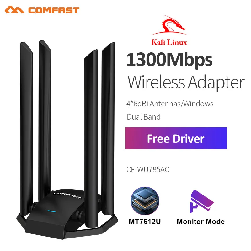 Comfast free-drive WIFI adaptér dvojí pás 1300mbps mikro USB 3.0 bezdrátový sit' karta 4*6dbi anténa pro maca kali linux monitor