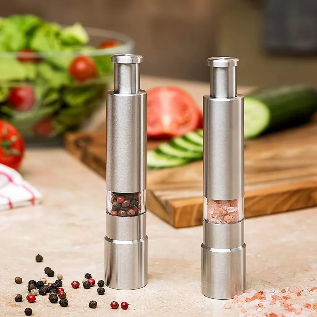 

2pcs Stainless steel perated mini manual salt and pepper mill Push Button Household Kitchen Tools